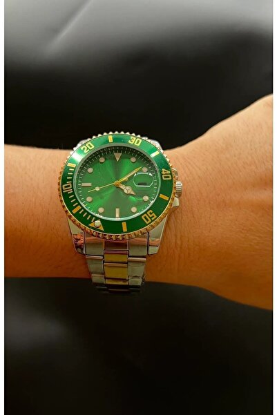 ÇENÇEN Gümüş Gold Iki Renk Kordon Yeşil Kadran Erkek Kol Saati Dönen Basel