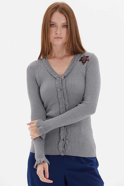 Two Mail Cardigan gri - Detaliat cu volan
