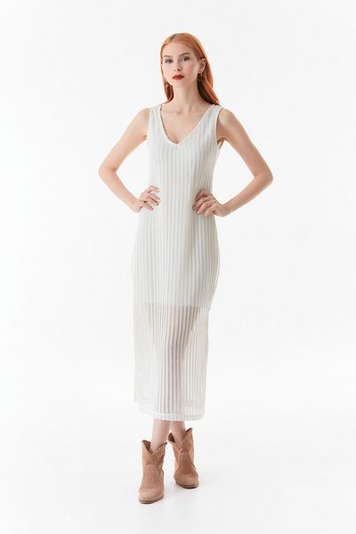 Fulla Moda V-Neck Mesh Slit Detailed Dress