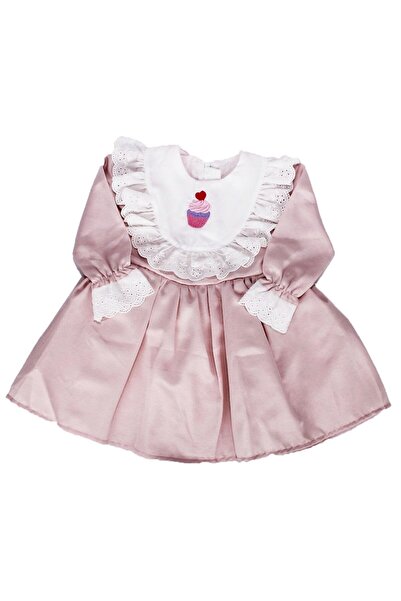 bebegen Kız Çocuk Pudra Ekru Fırfırlı Cupcake Nakışlı Uzun Kollu Elbise