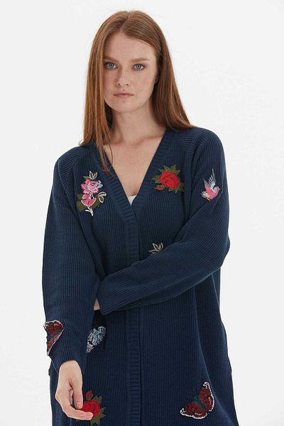 Two Mail Navy Blue Applique Detailed Cardigan