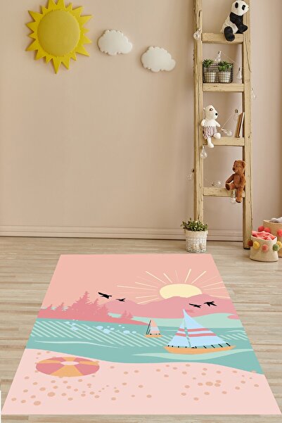 on the clouds Pembe Günbatımı Yelkenli Kuşlu Güneşli Doğa Yıkanabilir Kaymaz ...