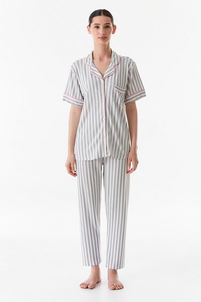 Fulla Moda Shirt Collar Striped Pajama Set