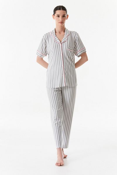Fulla Moda Shirt Collar Striped Pajama Set