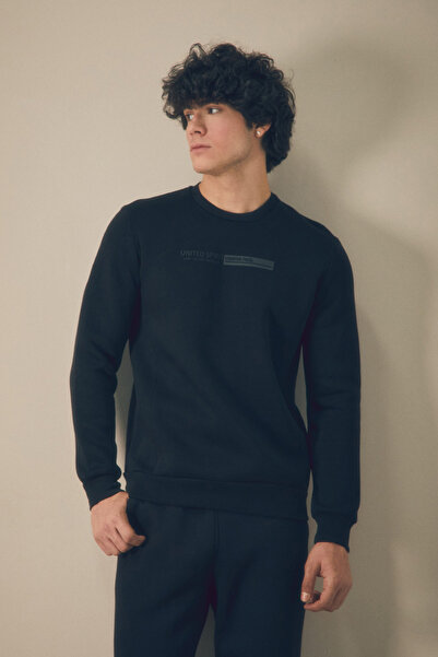 Fulla Moda 3 Iplik Kabartma Baskılı Bisiklet Yaka Sweatshirt