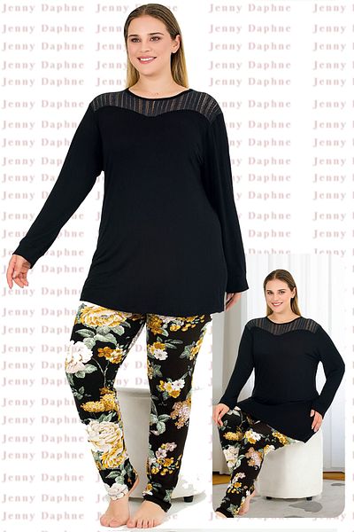 Jenny Daphne Viscose Fabric Floral Patterned Soft Pajama Set - Long Sleeve and Lace Shoulder Top 11391