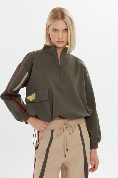 GIZIA SPORT Cepli ve Fermuarlı Haki Sweatshirt