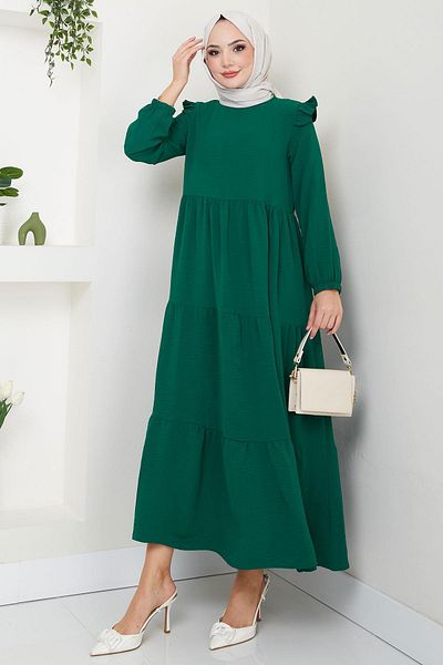 hafsamina Emerald Green Hijab Dress - Shoulder Ruffle, Ayrobin Hm2062