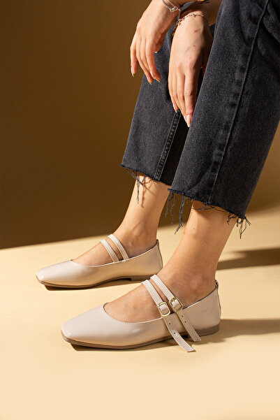 Pembe Potin Women's Mary Jane Beige Patent Leather Hard Hat Square Toe Daily Comfortable Sole Ballerina Shoes