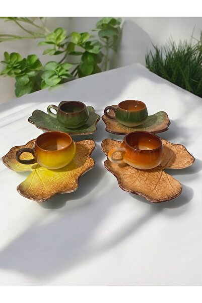 Artistic Quality طقم فناجين شاي وقهوة بألوان اليقطين والأخضر والأصفر والقهوة ...