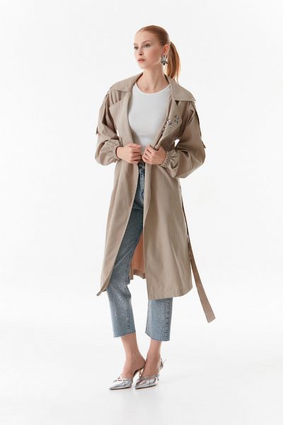 Fulla Moda Stone Embroidered Double Breasted Collar Trench Coat