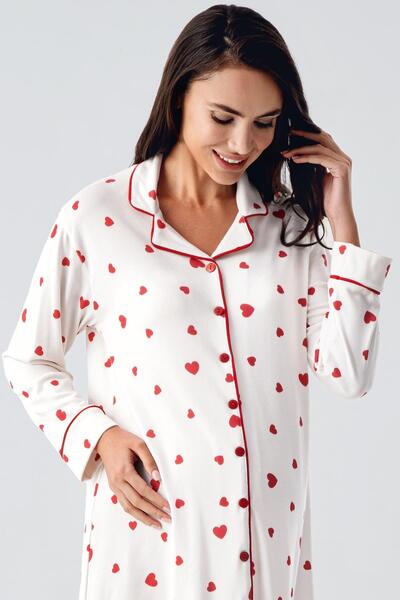 Artış Thermal Long Sleeve Buttoned Heart Print Stretchy Soft Textured Maternity Nightgown