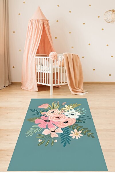 farbala Floral Çiçekli Minimal Bohem Tarz Yıkanabilir Kaymaz Taban Leke Tutma...