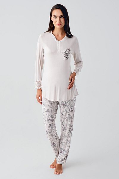 Artış Long Sleeve Buttoned Patterned Flexible Viscous Maternity Dressing Gown Pajama Set