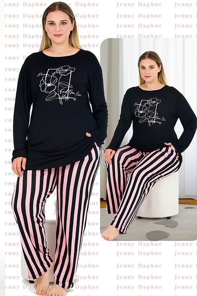 Jenny Daphne Plus Size Striped Soft Viscose Pajamas Set - Long Sleeve Black Top 11382