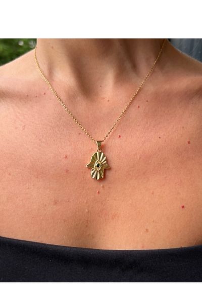 gaila design Steel Green Stone Fatma Mother Hand Necklace