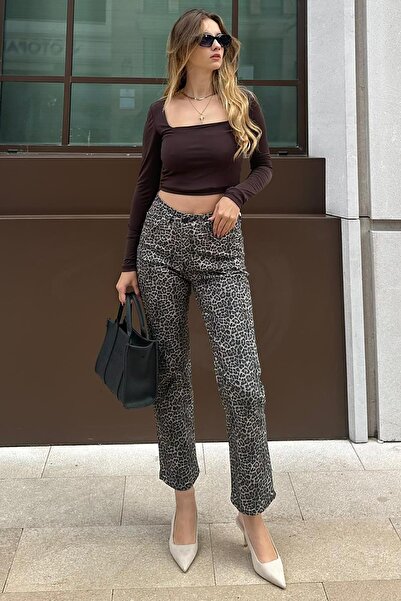 Seeh Dámské džínové kalhoty s modelem Camel leopardím vzorem Sh175