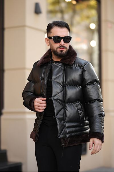 MODA МЪЖКО ЗИМНО КОЖЕНО ПАЛТО С КОЖУМА ЯКА
