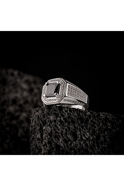 vevasilver Siyah Zirkon Taşı 925 Ayar Gümüş Erkek Yüzük