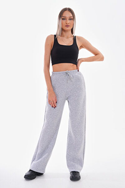 kallima Çımalı Gri Kışlık Kalın Şardonlu Içi Polarlı Yüksek Bel Bol Paça Bağcıklı Gizli Cepli Eşofman Altı