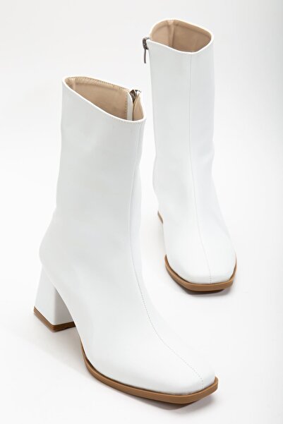 MaskButik White Remia Heeled Leather Boots