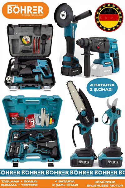 BÖHRER Alman 4 Akülü 2 Şarjlı Kömürsüz V598 Profesyonel 4 Makine Kombo Set ,B...