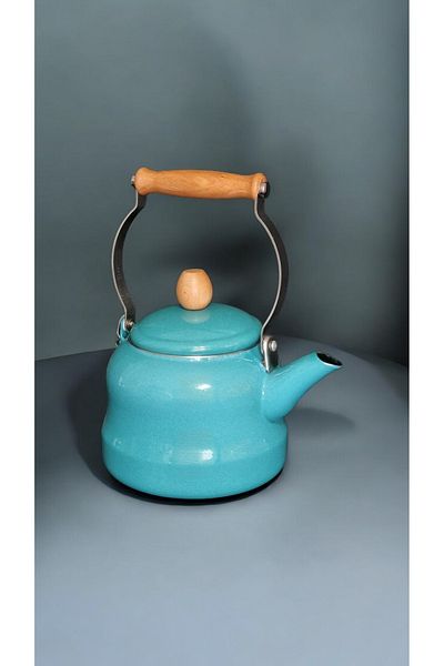 qussine 2.5 Liter Turquoise Teapot Vintage - Enameled Teapot with Wooden Handle and Top Holder