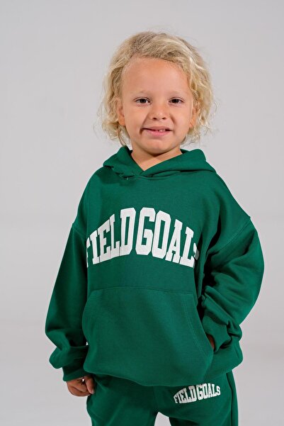 Magu Boy's Green Slogan 3 Thread Winter Cotton Hooded Sweatshirt Tracksuit Top and Bottom Set