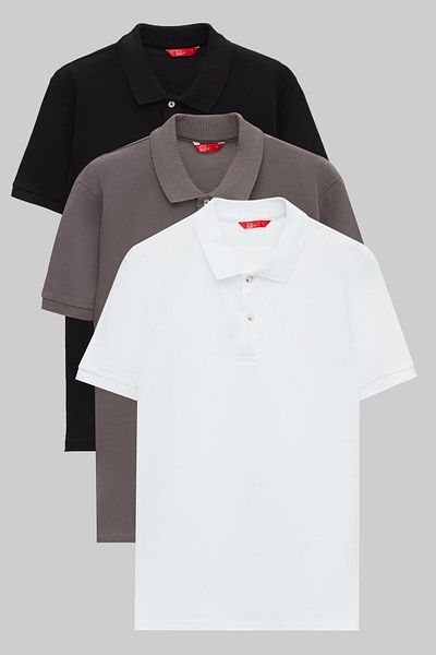 D'S Damat Negru/Antracit/Alb Pique - Tricou cu gât polo, 100% bumbac, cu croiala normală