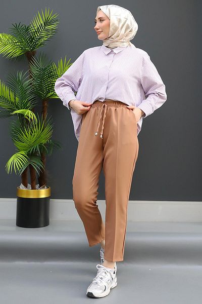 giz astore Light Brown Colored Elastic Waist Trousers