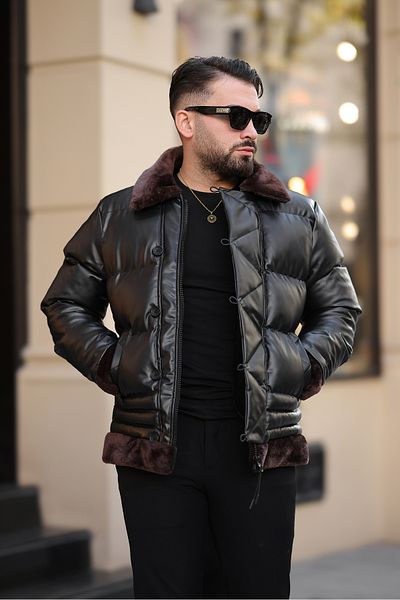 MODA МЪЖКО ЗИМНО КОЖЕНО ПАЛТО С КОЖУМА ЯКА