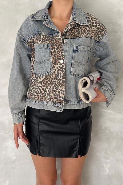 FEMELLE Jachetă de blugi cu buzunar dublu cu imprimeu leopard maro pentru femei