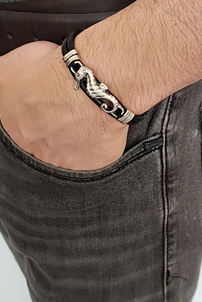 etniko Genuine Leather Sea Horse Object Men's Bracelet