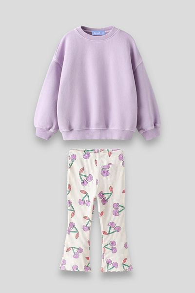 Magu Purple Cherry Patterned Girl's Sweatshirt and Tights - 3 Thread Cotton Hoodie Set