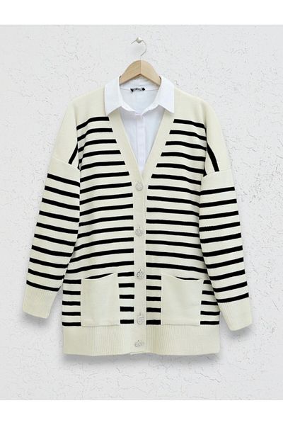 Modamorfo Double Pocket Knitwear Cardigan - Cream Striped