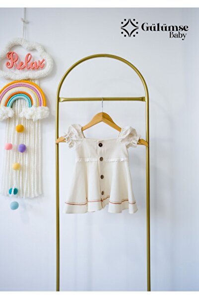 Gülümse Baby فستان بناتي من الكتان بياقة مربعة وأكمام بالون (بيج)