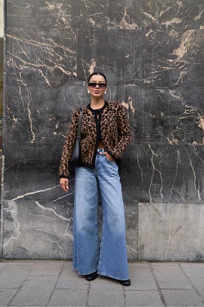 motina Cardigan de damă cu decolteu rotund maro cu imprimeu leopard din lână