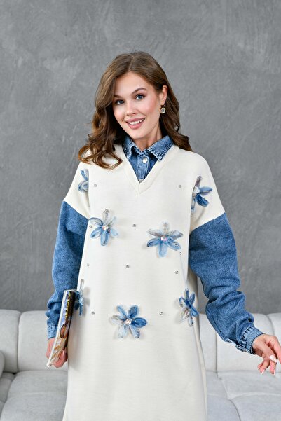 Miss Allos Γυναικεία μανίκια τζιν με λεπτομέρεια μπροστινό τούλι λουλούδι και πέτρα κεντημένο με φαρδιά εφαρμογή μακρύ πλεκτό φόρεμα