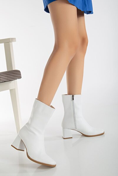 MaskButik White Remia Heeled Leather Boots