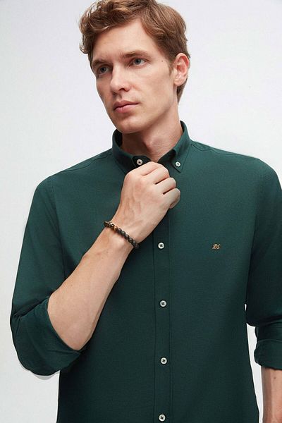 D'S Damat Ds Damat Slim Fit Πράσινο γιακά με κουμπιά Oxford Βαμβακερό πουκάμισο με λεπτομέρεια κεντήματος που σιδερώνει εύκολα