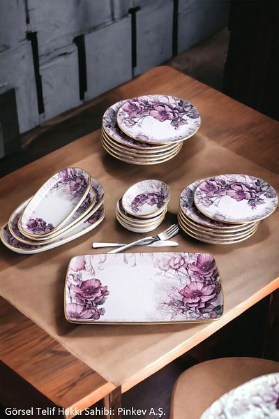 Pinkev Petunia 21 Pieces Ceramic Breakfast Cake Plate Set for 12 People - Kup124P