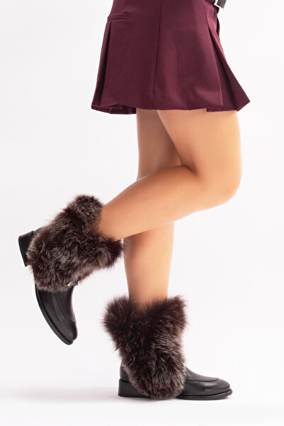 Nemesis Shoes Reina Black Leather Boots - Gray and Fur