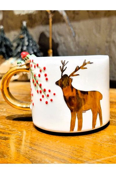 Monako Limited Edition 24 Carat Gold Decorated, Christmas Deer Figured, Handmade, Gift Coffee Cup, Deer Mug, Elk Mug