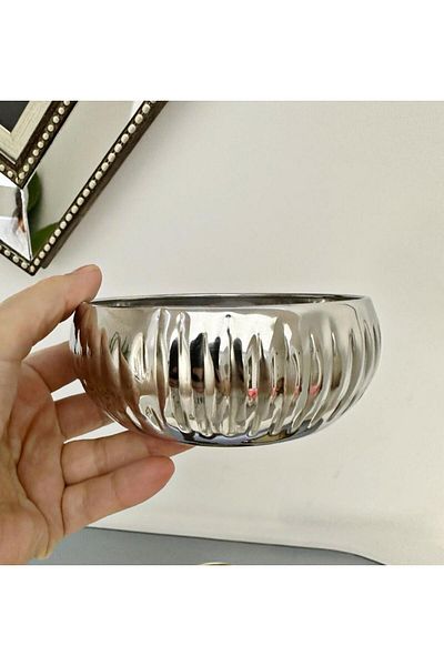 PEKİBU Luxury Mini - Ανοξείδωτο μπολ για γλάστρα, μοτίβο ρίγες, ασημί 12 cm