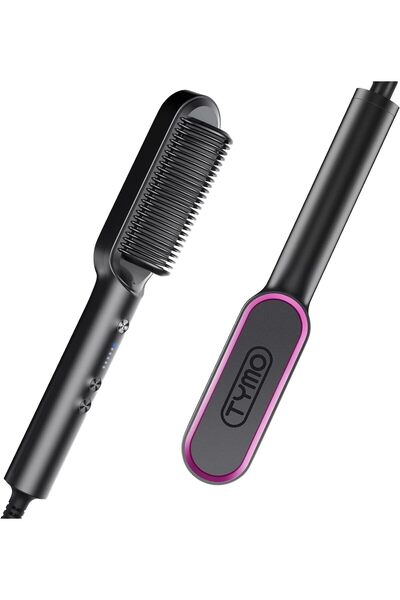 TYMO Hair Straightener Brush with Built-in Comb, Tourmaline Ceramic (Matte Black)