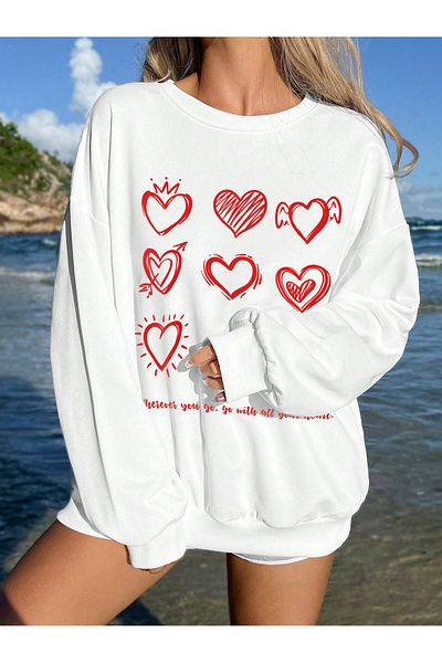 WEARTEX Heart Printed Unisex Oversize Sweatshirt - Crew Neck Hoodie