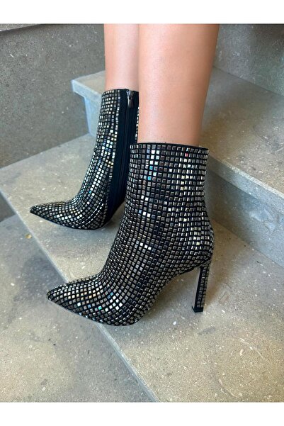 EVASAMLİSHOESBAG Bilekte Gümüş Taşlı Siyah Bot
