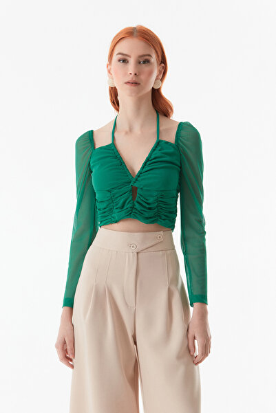 Fulla Moda Gathered Front Crop Blouse with Tie Collar
