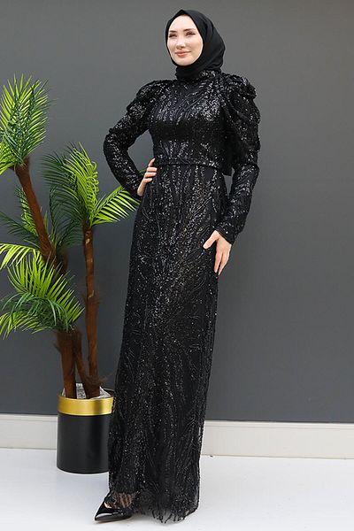 GİZ AGİYİM Μαύρο Χιτζάμπ Ναλάν Βραδινό Φόρεμα