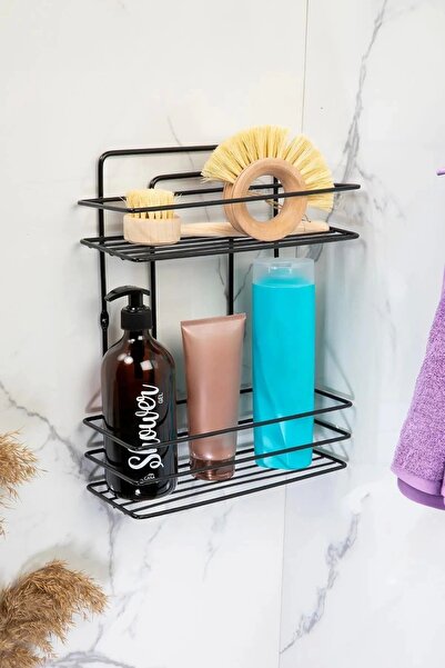 Evistro Banyo Rafı 2 Katlı Siyah Şampuanlık Hem Vidalı Hem Yapışkan Stickerlı